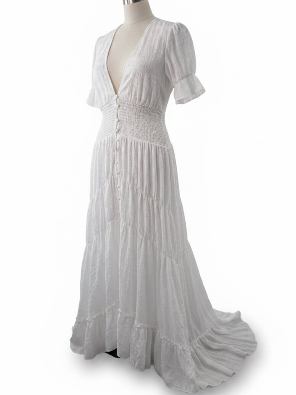 White Puff Sleeve Tiered Maxi Dress – No Brand – Size S/M (See Measurements)